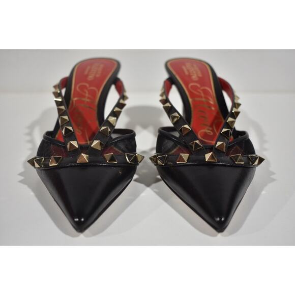 Valentino Rockstud Black Mule Mesh Classic Pointed Backless Sandal Heel Pump 36 - Picture 5 of 11